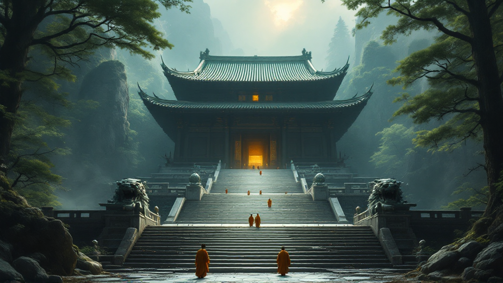 The Great Temple of Guan Kung rising through mountain mist