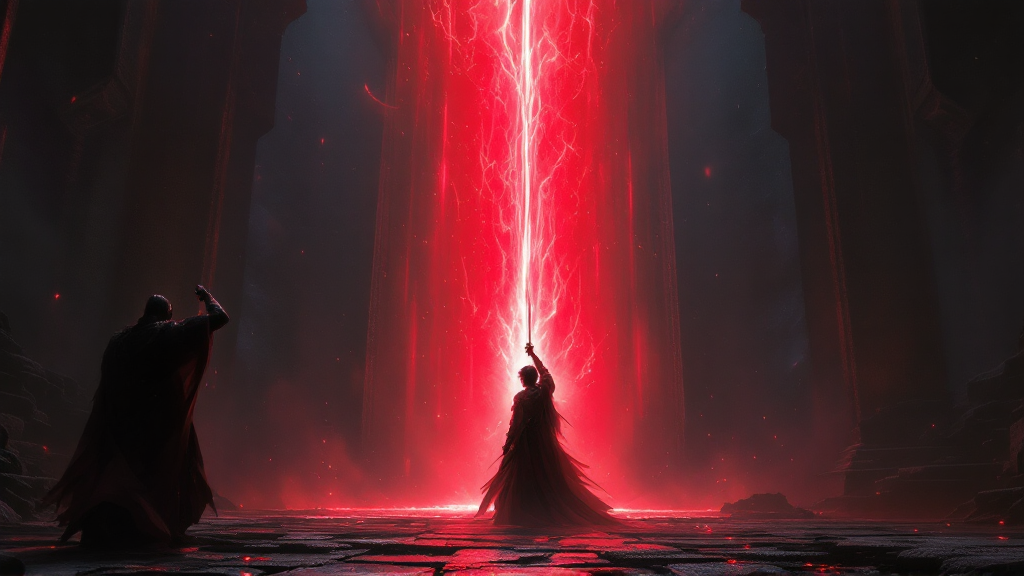 A warrior raises a sword bleeding brilliant crimson light in a dark throne room as a demon general recoils
